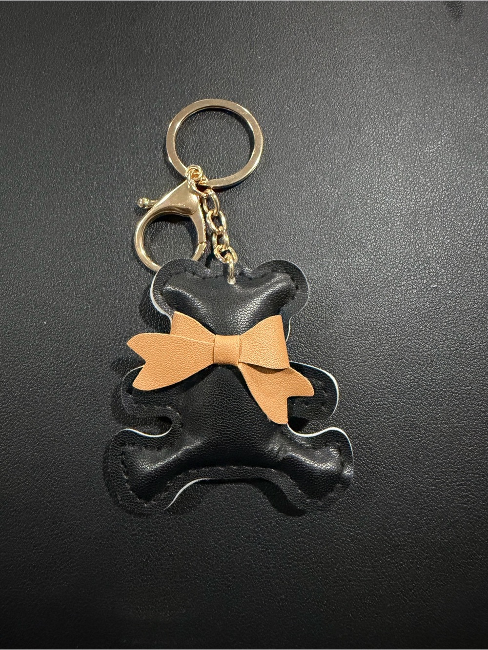 Black Bear-Shaped Leather Keychain with Tan Bow